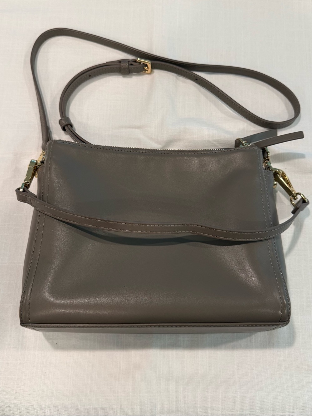 Quince Triple Compartment Taupe Leather Crossbody with Gold Hardware - Picture 7 of 8